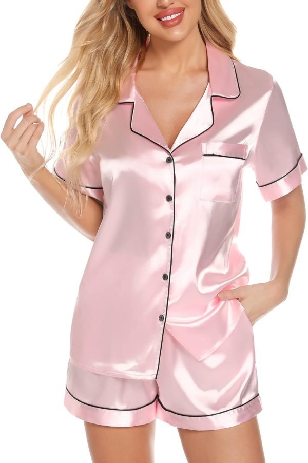71NprWvkxjL._AC_SL1500 Womens Silk Satin Pajamas Set Button Down Pj Sets Short Sleeve Sleepwear Set S-XXl