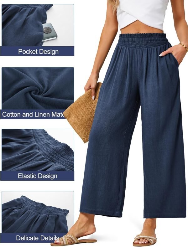 71PGd6S3S-L._AC_SL1500 JASAMBAC Women's Capri Linen Wide Leg Pants Summer Boho Wide Leg Pants Smocked High-Rise Waist Casual Beach Pants with Pocket