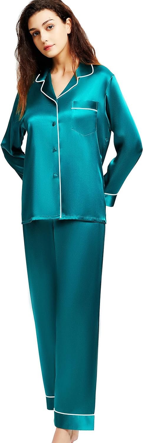 71S69tJfuzL._AC_SL1500 Women's Satin Pajamas Set Long Sleeve Button Down Shirt With Long Pant Sleepwear
