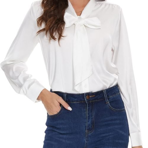 71_MwBEBKFL._AC_SL1500 Womens Satin Solid Blouse Bow Tie Neck Button Down Shirts Long Sleeve Office Work Blouses Dressy Tops for Ladies Casual