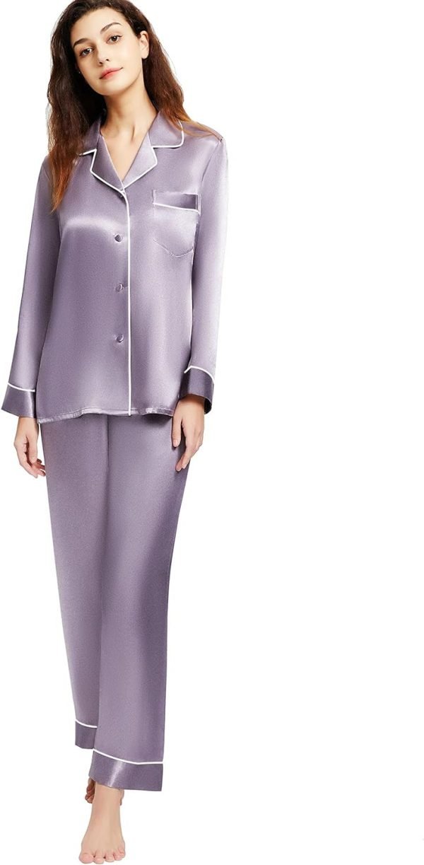 71auOIFN65L._AC_SL1500 Women's Satin Pajamas Set Long Sleeve Button Down Shirt With Long Pant Sleepwear