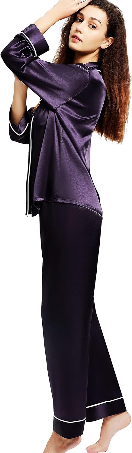 71b_kPYKx8L._AC_SL1500 Women's Satin Pajamas Set Long Sleeve Button Down Shirt With Long Pant Sleepwear