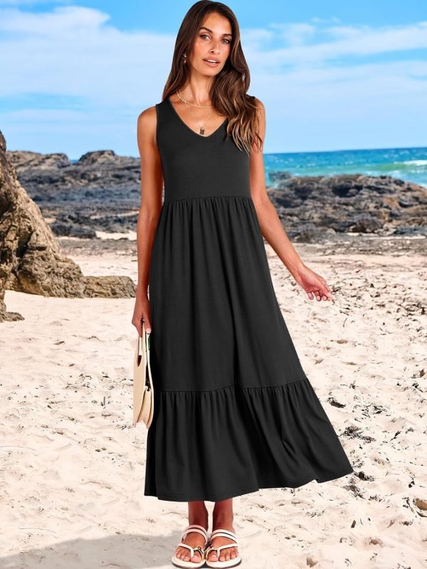 71nEh4AaIBL._AC_SL1500 ANRABESS Women's Summer Casual Sleeveless V Neck Swing Dress Fit & Flare Flowy Tiered Maxi Beach Sundress with Pockets
