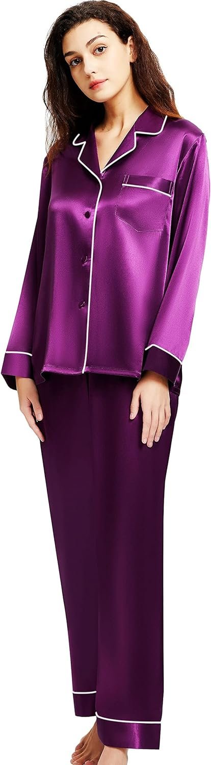 71pd1TjVA5L._AC_SL1500 Women's Satin Pajamas Set Long Sleeve Button Down Shirt With Long Pant Sleepwear
