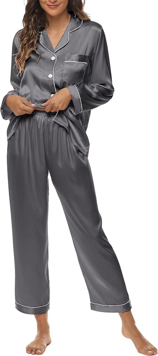 Silk Satin Pajamas Set for Women 2 Piece Soft Long Sleeve Tops & Bottoms Sleepwear Pj Lounge Set S-XXL