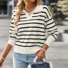 71zY_kPa3L._AC_SL1200 Women's Lightweight Striped Loose Sweater Polo V Neck Knitted Lapel Shirt Casual Color Block Top with Cream Background