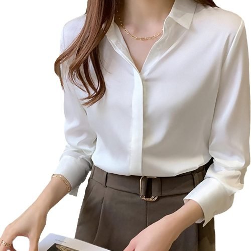 Women's Satin Blouse Fashion Long Sleeve Satin Silk Shirt Work Office Top Casual Shirt