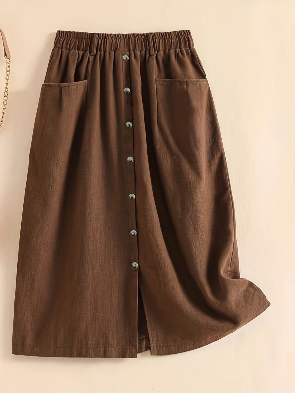 7ab073de-975d-4784-9c73-f9d050fa36c4-1 Button Front Pocket Design Skirt, Elegant Elastic Waist Split Hem Skirt For Spring & Fall, Women's Clothing