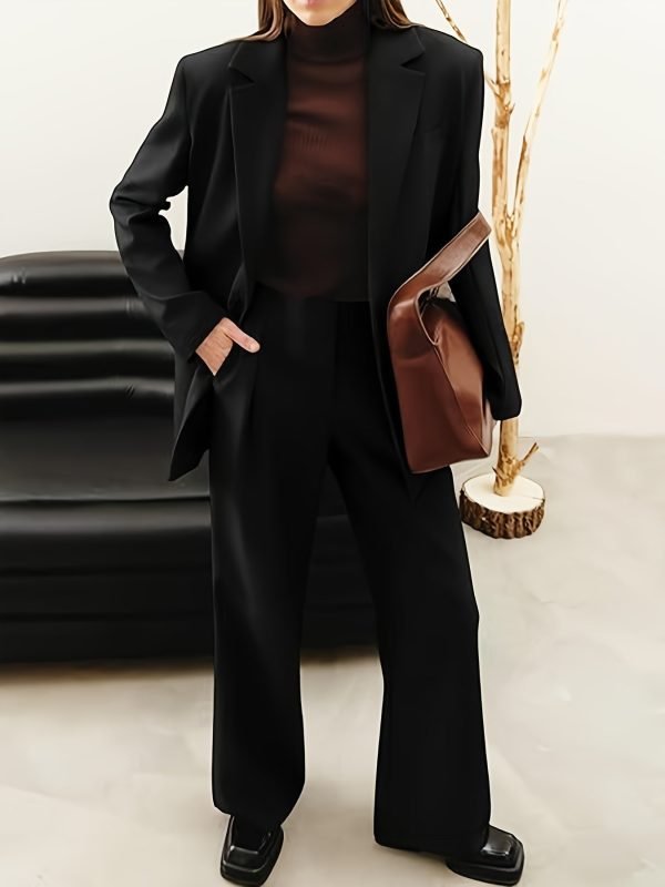 7cde9f7c-811b-46cc-938b-14cb030f28fd-1 Elegant Office Solid Color Pants, Single Breasted Lapel Blazer & Straight Leg Loose Simple Pants, Women's Clothing