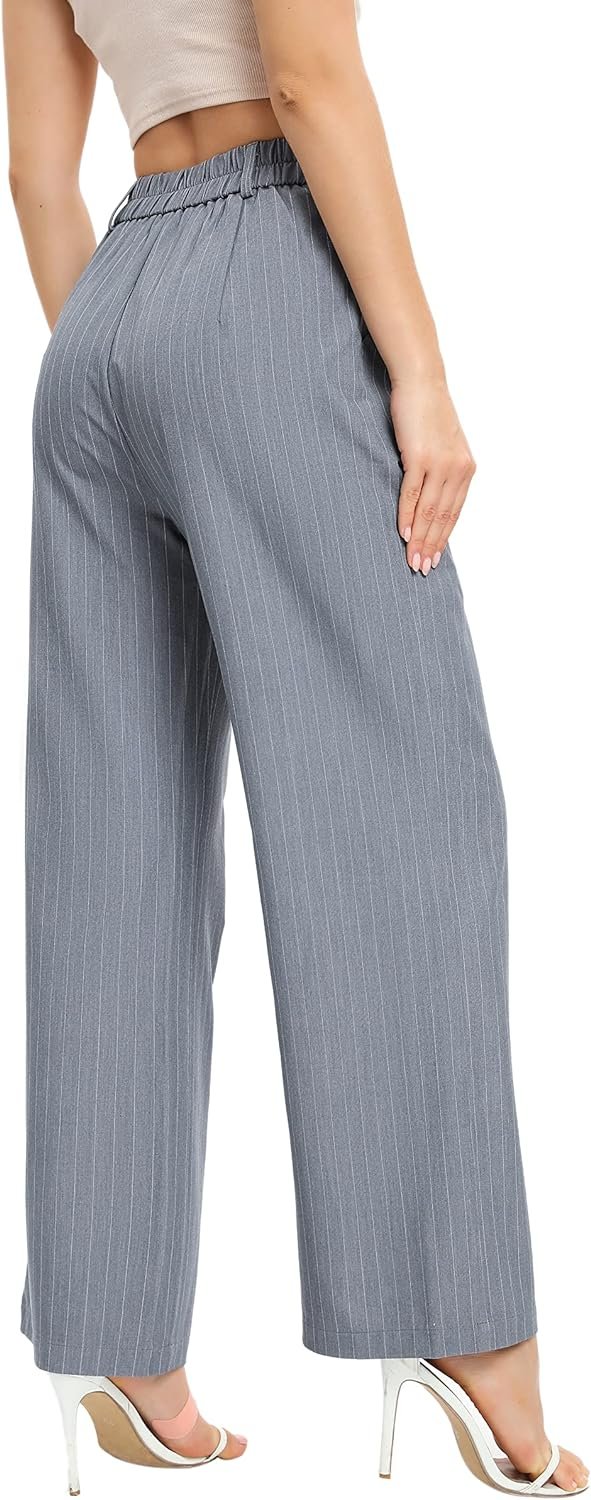 81eBVUfYBbL._AC_SL1500 Women's Casual Striped High Waisted Wide Leg Pants Elastic Waist Loose Fit Trousers