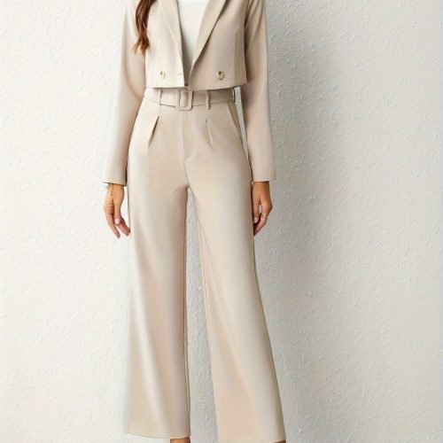 b2aae5aea3012927bbc68f66c02f3682-1 Business Casual Two-piece Set, Double-breasted Lapel Long Sleeve Blazer & Belted Wide Leg Pants Outfits, Women's Clothing