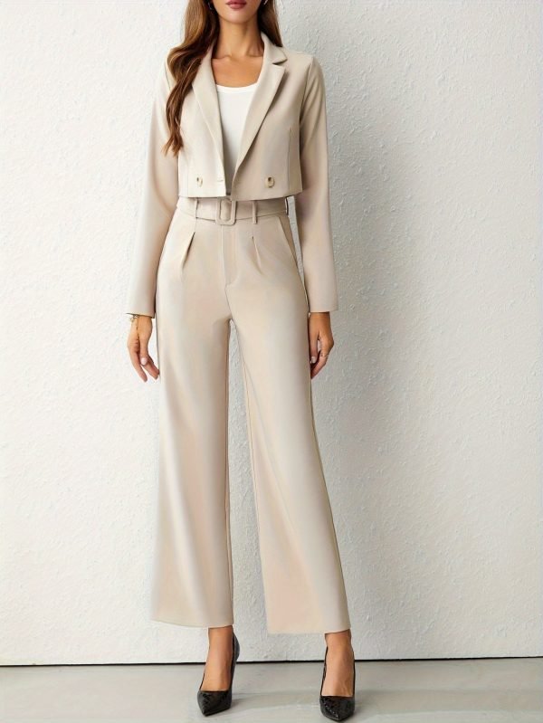 b2aae5aea3012927bbc68f66c02f3682-1 Business Casual Two-piece Set, Double-breasted Lapel Long Sleeve Blazer & Belted Wide Leg Pants Outfits, Women's Clothing