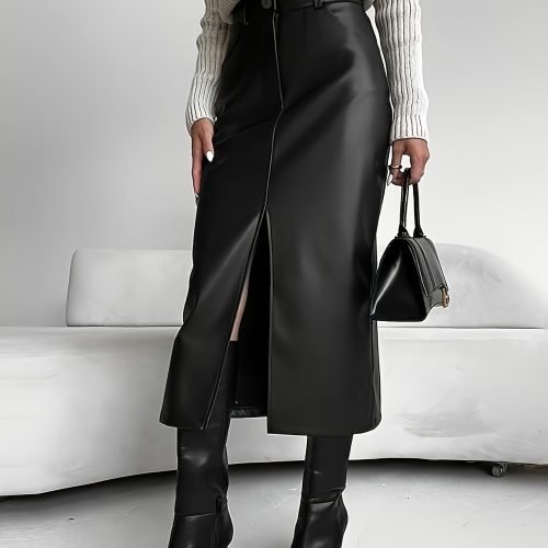 ebb3a41b-2738-4e5f-b0ed-df47d2c698ad-1 Plus Size Pu Leather Split Front Skirt, Elegant Slant Pocket Midi Skirt For Spring & Summer, Women's Plus Size Clothing