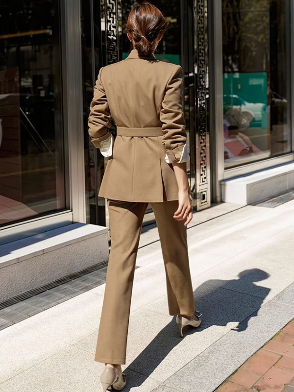fe60d0f7-f47e-4965-9d2f-d29d40926dd9-1 Solid Color Elegant Office & Work Pants Set, Belt Long Sleeve Lapel Neck Blazer & Straight Leg Pants Outfits, Women's Clothing