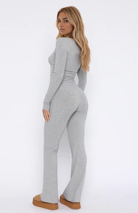 31qb-RJAgVL._AC Women Ribbed Knit Yoga Lounge Set V Neck Long Sleeve Button Crop Tee Drawstring Pants Solid Slim Two Pieces Sets