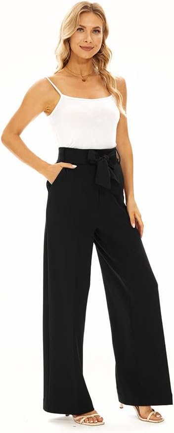 416EXxTM4HL._AC_SL1125 Wide Leg Stretchy Pants for Women Business Casual Pants Dress Pants with Pockets Self Tie Belted
