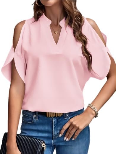 418TMc_rBjL._AC Women's Cold Shoulder Tops Summer Fashion Short Sleeve V Neck Casual Loose Solid Color Blouse Shirts