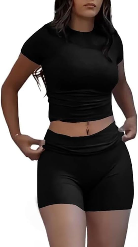 41I_ZGzAdRL._AC_SL1001 Casual Workout Two Piece Outfits for Women Short Sleeve Crop High Waist Foldover Flare Pants Tracksuit Sets Streetwear