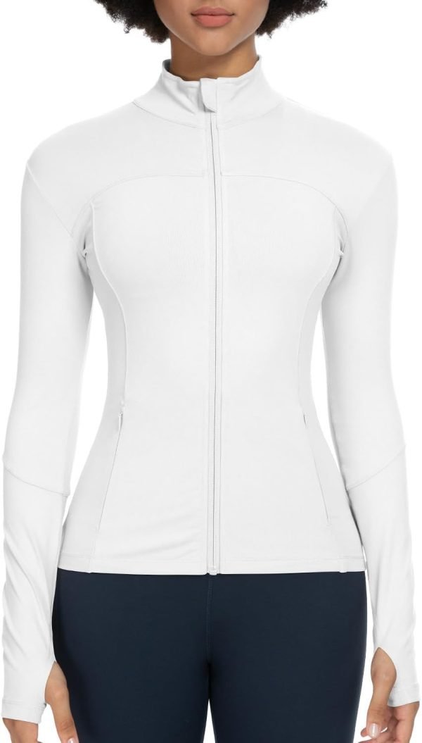 5115K5D5g4L._AC_SL1500 Workout Jackets for Women Full Zip Athletic Running Track Jacket with Pockets Slim Fit Yoga Jacket with Thumb Holes