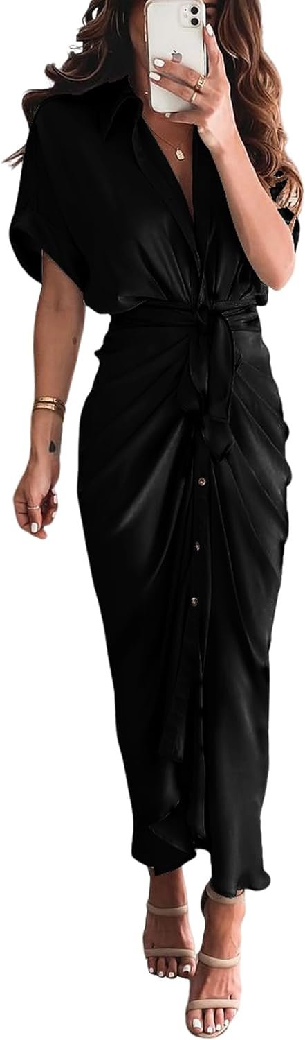 513jjazLAgL._AC_SL1500 Women's Short Sleeve Satin Dress Button Down with Belt Maxi Shirt Dresses