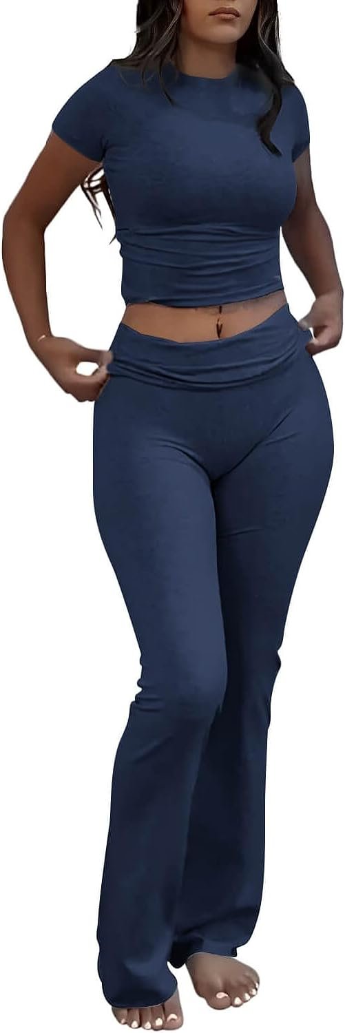 516Q8CeG0WL._AC_SL1500 Casual Workout Two Piece Outfits for Women Short Sleeve Crop High Waist Foldover Flare Pants Tracksuit Sets Streetwear