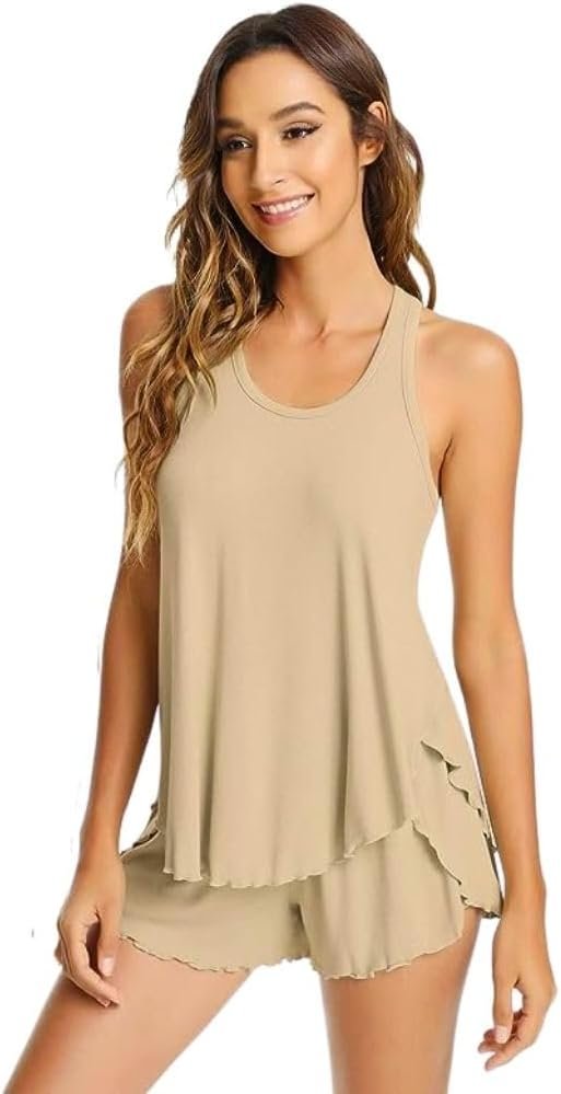 516YIqTj4fL._AC_SL1000 Pajamas Set for Women Viscose Made from Bamboo - Ribbed Racerback Tank Top Soft Sleepwear Pjs Shorts Nightwear Loungewear