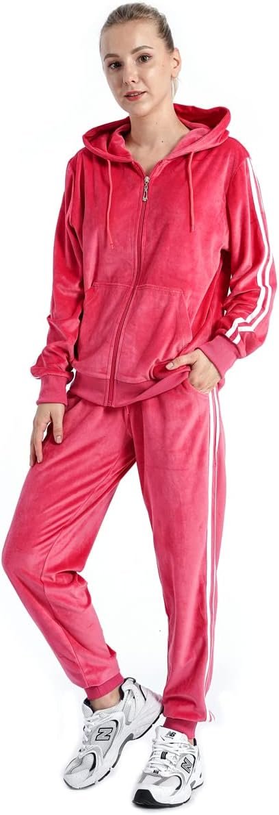 Womens Jogging Suits Sets Running Velour Outfit Zipper Warm Up 2 Pieces Hoodie and Pant Tracksuit
