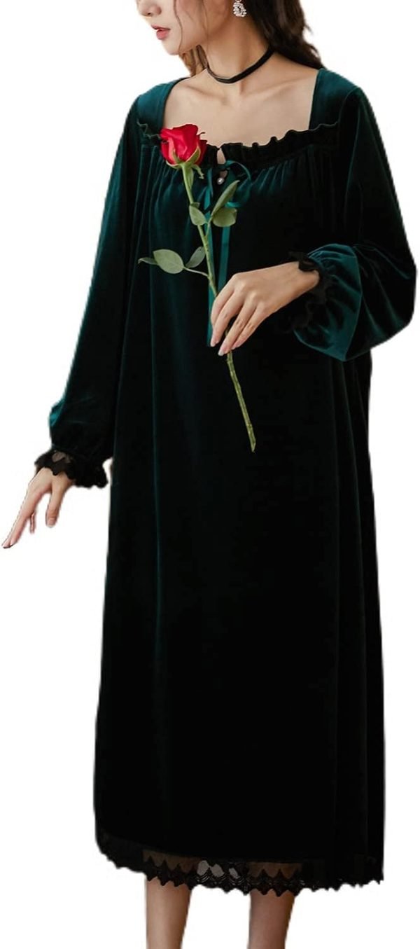 518g5bUEqwL._AC_SL1500 Women's Long Sleeve Nightgown Velvet Sleep Dress Ruffle Crew Neck Mid-length Nightdress
