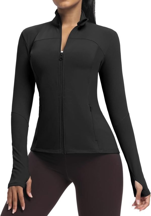 5199JMVEqyL._AC_SL1500 Workout Jackets for Women Full Zip Athletic Running Track Jacket with Pockets Slim Fit Yoga Jacket with Thumb Holes