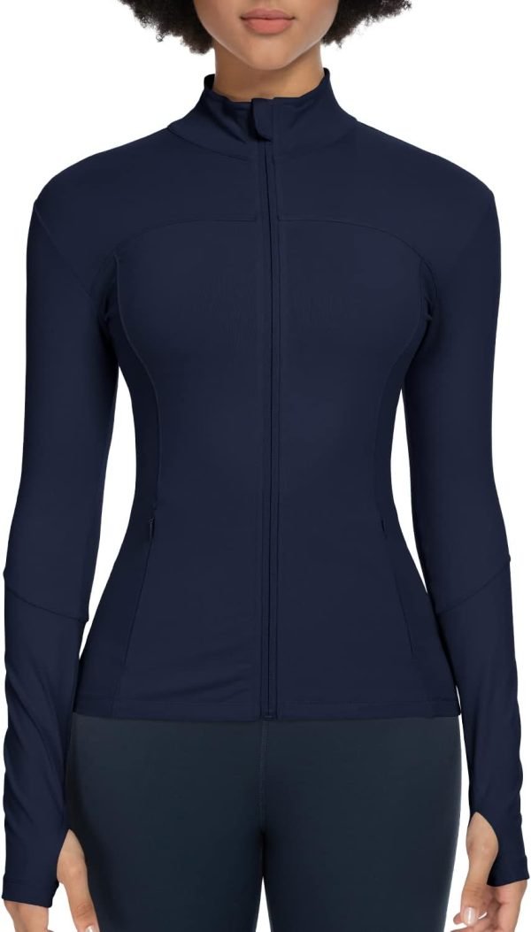 51B0l_YUQGL._AC_SL1500 Workout Jackets for Women Full Zip Athletic Running Track Jacket with Pockets Slim Fit Yoga Jacket with Thumb Holes