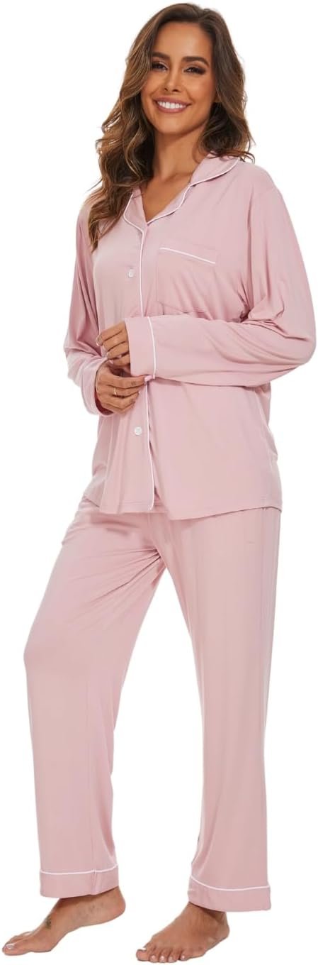 51BBScJEYCL._AC_SL1400 Womens Bamboo Pajama Set Long Sleeve Button Down, Soft Pj Pants with Pockets, Lightweight Sleepwear Loungewear