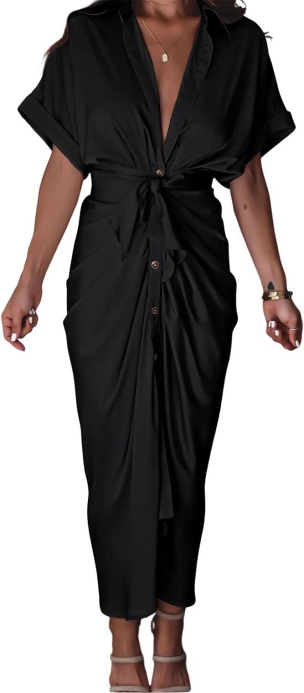 51BlVZHMLAL._AC_SL1500 Women's Short Sleeve Satin Dress Button Down with Belt Maxi Shirt Dresses