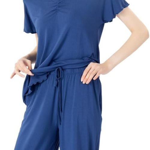 51FQSD203ZL._AC_SL1293 Soft Bamboo Viscose Pajamas Set for Women Summer Sleepwear Pjs Comfy Short Sleeve Tops Capri Pants Sets