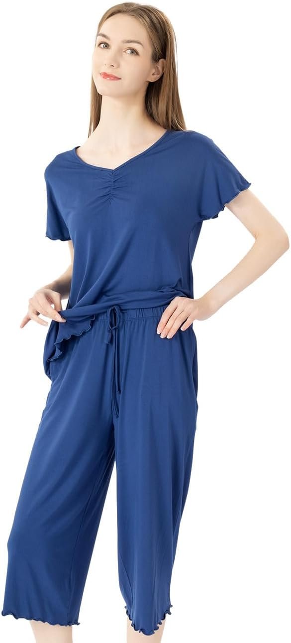 51FQSD203ZL._AC_SL1293 Soft Bamboo Viscose Pajamas Set for Women Summer Sleepwear Pjs Comfy Short Sleeve Tops Capri Pants Sets
