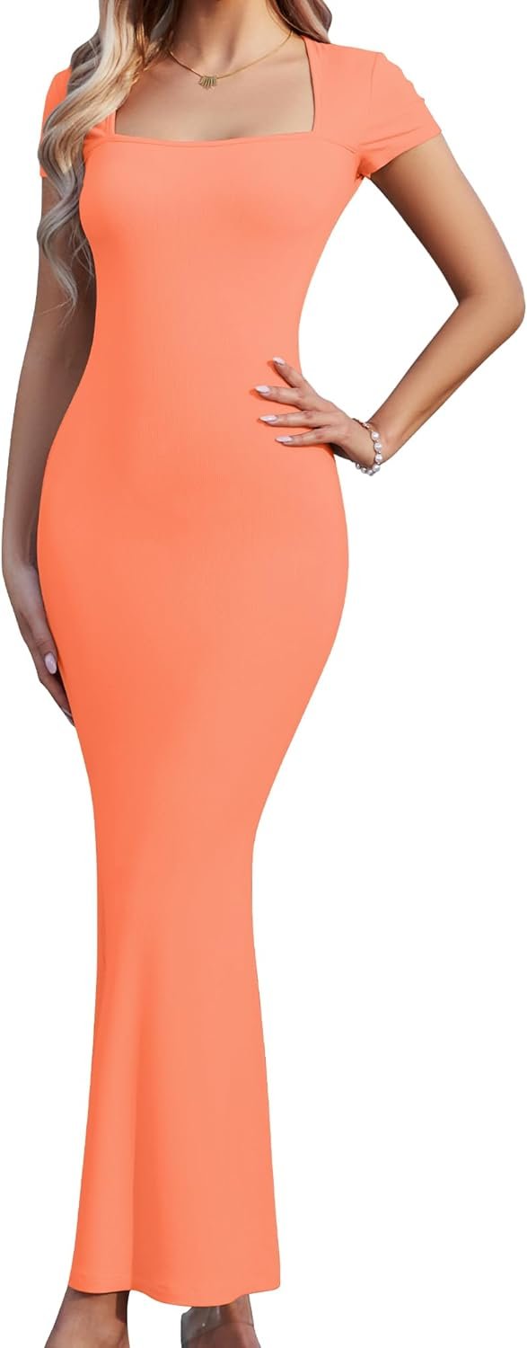 51Gwhi0OjDL._AC_SL1500 Women's Summer Casual Bodycon Maxi Dress Square Neck Short Sleeve Ribbed Dresses Cocktail Long Dress