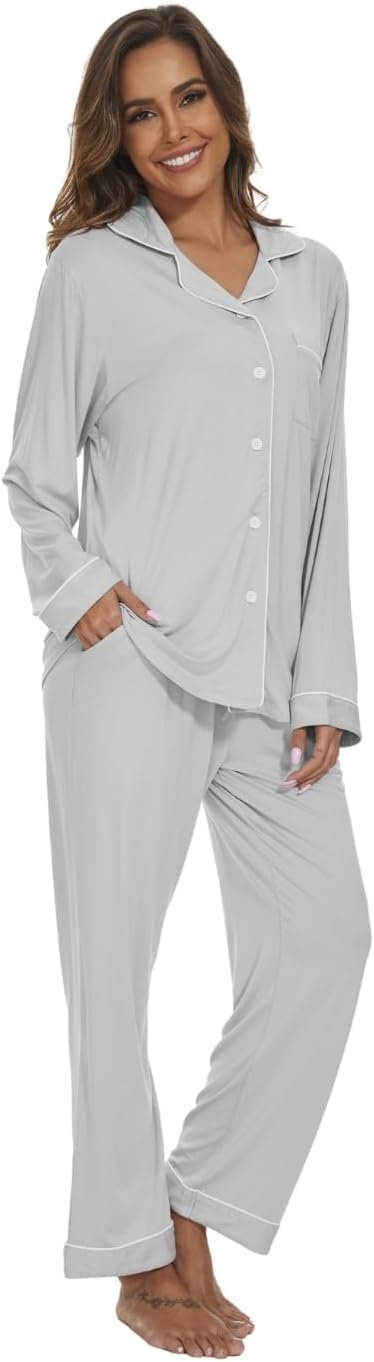 51KoexEOfRL._AC_SL1400 Womens Bamboo Pajama Set Long Sleeve Button Down, Soft Pj Pants with Pockets, Lightweight Sleepwear Loungewear