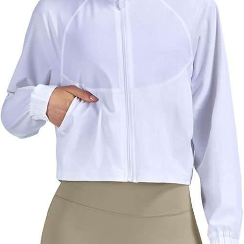 51L2YKWauoL._AC_SL1500 UPF 50+ Workout Jackets for Women Athletic Zip Up Running Jacket Sun Protection Lightweight UPF Cropped Jacket