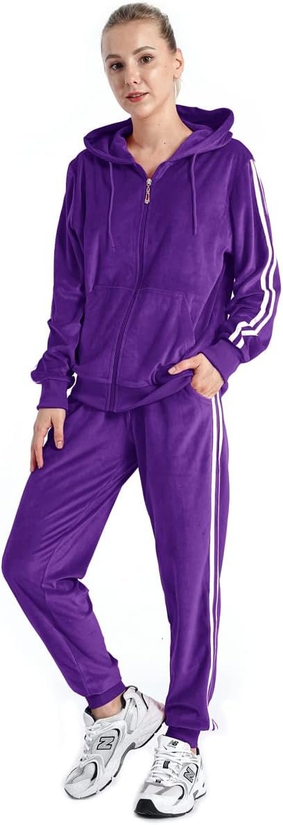 Womens Jogging Suits Sets Running Velour Outfit Zipper Warm Up 2 Pieces Hoodie and Pant Tracksuit