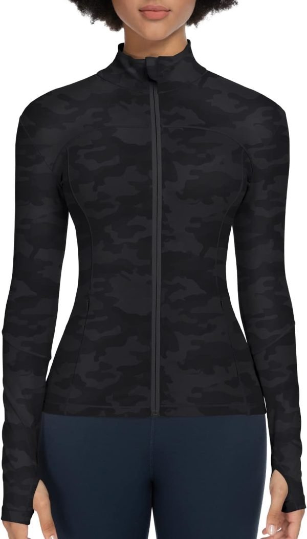51NZ3z4GVWL._AC_SL1500 Workout Jackets for Women Full Zip Athletic Running Track Jacket with Pockets Slim Fit Yoga Jacket with Thumb Holes