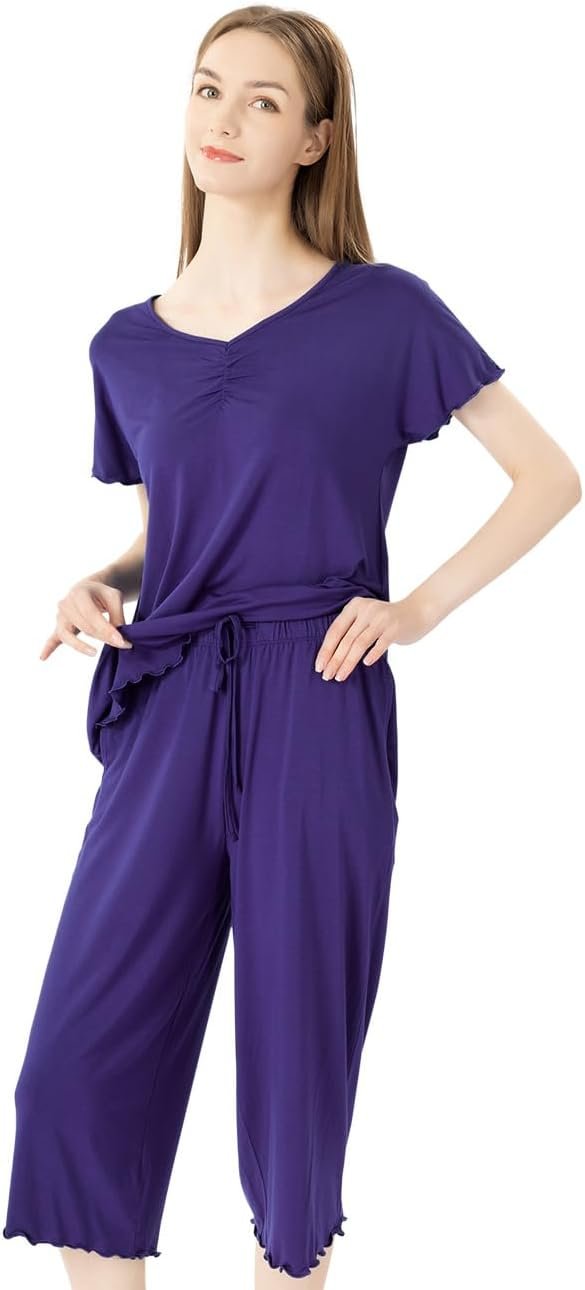 51OQ3DYwLyL._AC_SL1293 Soft Bamboo Viscose Pajamas Set for Women Summer Sleepwear Pjs Comfy Short Sleeve Tops Capri Pants Sets