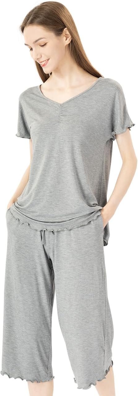 51P2CqZrc3L._AC_SL1275 Soft Bamboo Viscose Pajamas Set for Women Summer Sleepwear Pjs Comfy Short Sleeve Tops Capri Pants Sets