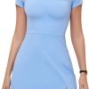 Womens Sexy Square Neck Trendy Dress Short Sleeve Stretchy Bodycon Side Flare Split Lined Mini Dress