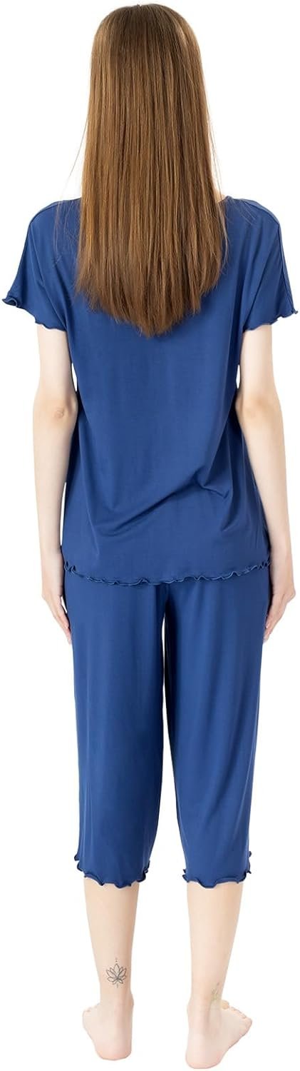 51Tbf4Q_n6L._AC_SL1500 Soft Bamboo Viscose Pajamas Set for Women Summer Sleepwear Pjs Comfy Short Sleeve Tops Capri Pants Sets