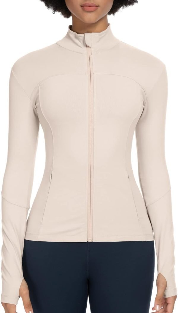 51WwIXx7bOL._AC_SL1500 Workout Jackets for Women Full Zip Athletic Running Track Jacket with Pockets Slim Fit Yoga Jacket with Thumb Holes