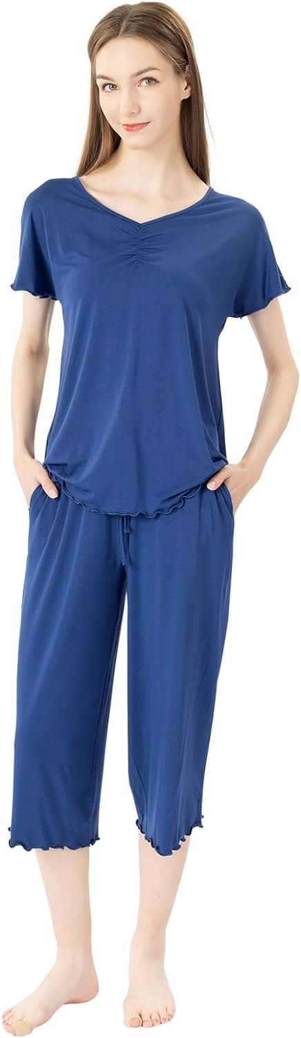 51YHLO7fLcL._AC_SL1500 Soft Bamboo Viscose Pajamas Set for Women Summer Sleepwear Pjs Comfy Short Sleeve Tops Capri Pants Sets