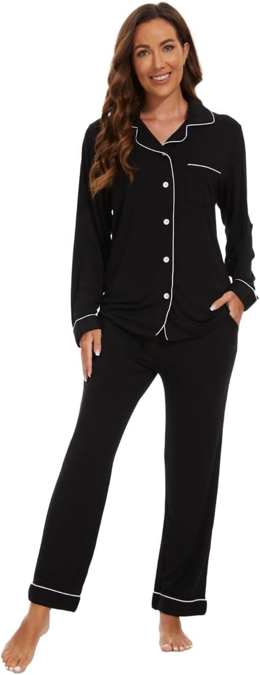 51ZyXKP-i-L._AC_SL1400 Womens Bamboo Pajama Set Long Sleeve Button Down, Soft Pj Pants with Pockets, Lightweight Sleepwear Loungewear