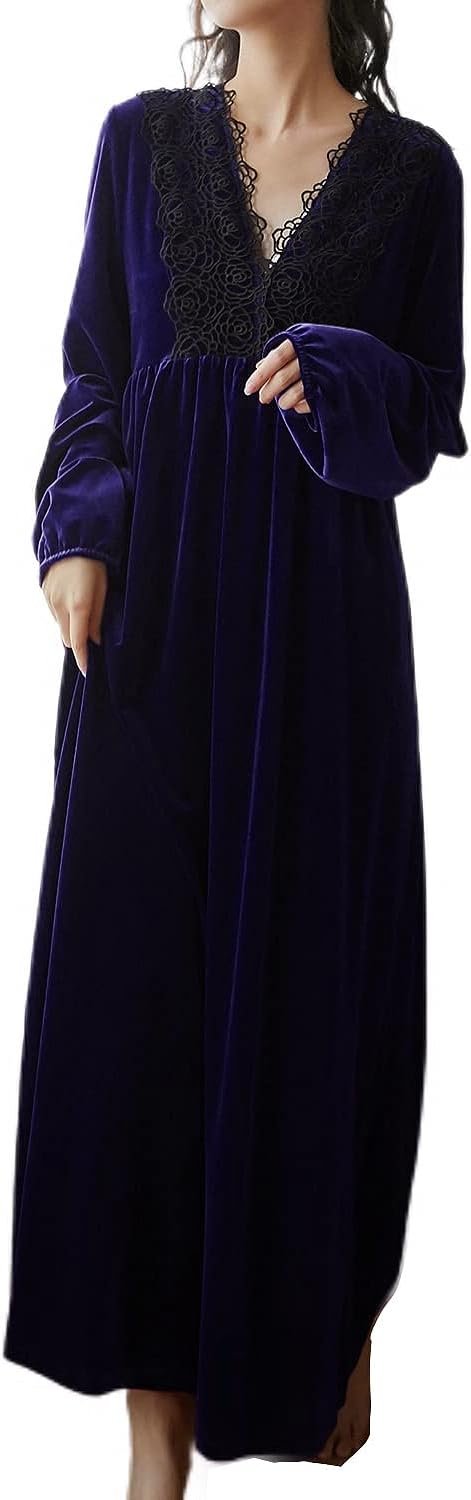 51_Nm6CR2-L._AC_SL1500 Women's Long Sleeve Nightgown Velvet Sleep Dress Ruffle Crew Neck Mid-length Nightdress