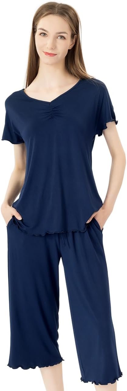 51b3jKaFE4L._AC_SL1289 Soft Bamboo Viscose Pajamas Set for Women Summer Sleepwear Pjs Comfy Short Sleeve Tops Capri Pants Sets