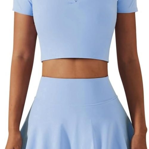 51c5jvJCWQL._AC_SL1001 2 Piece Tennis Dress for Women High Waist Pleated Tennis Skirt with Shorts Short Sleeve Crop Golf Workout Skirts Sets