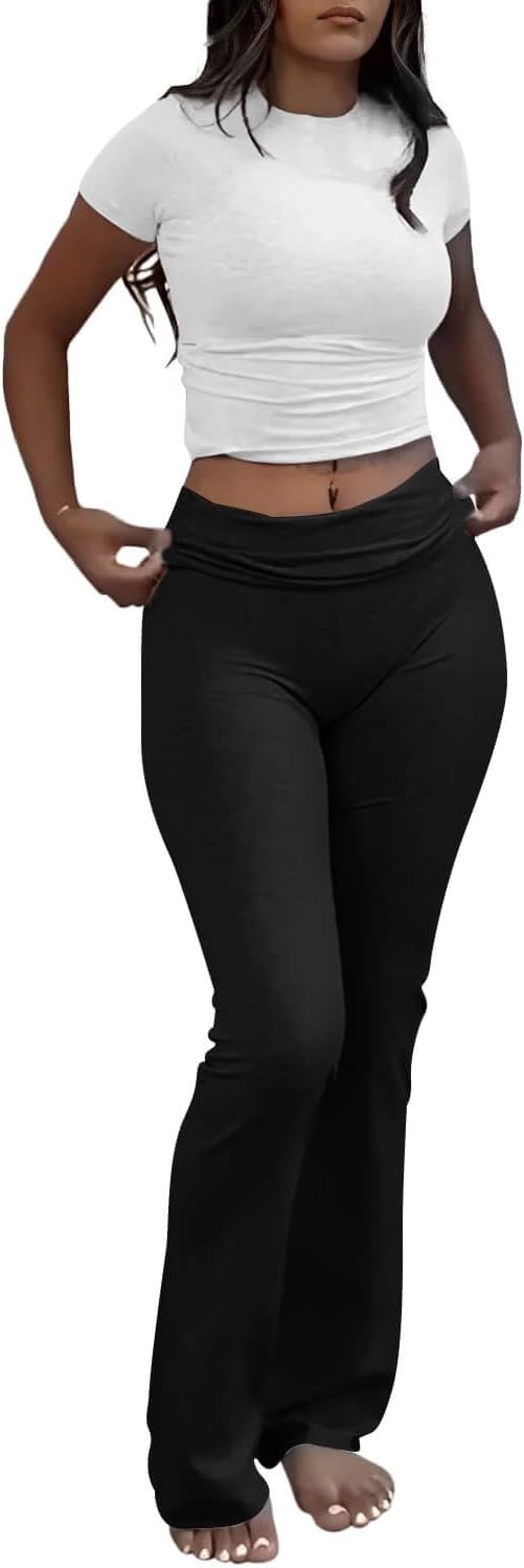 51eaxy4CGwL._AC_SL1500 Casual Workout Two Piece Outfits for Women Short Sleeve Crop High Waist Foldover Flare Pants Tracksuit Sets Streetwear